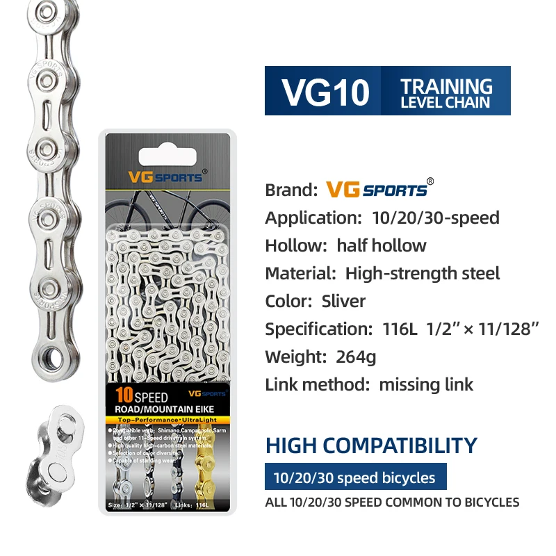 VG Sports 8 9 10 11 12Gang Ultraleichte Fahrradkette EL Halbhohlkette 8s 9s 10s 11s 12s 116L/126L Mountain Road Bike Ketten – Detail 8