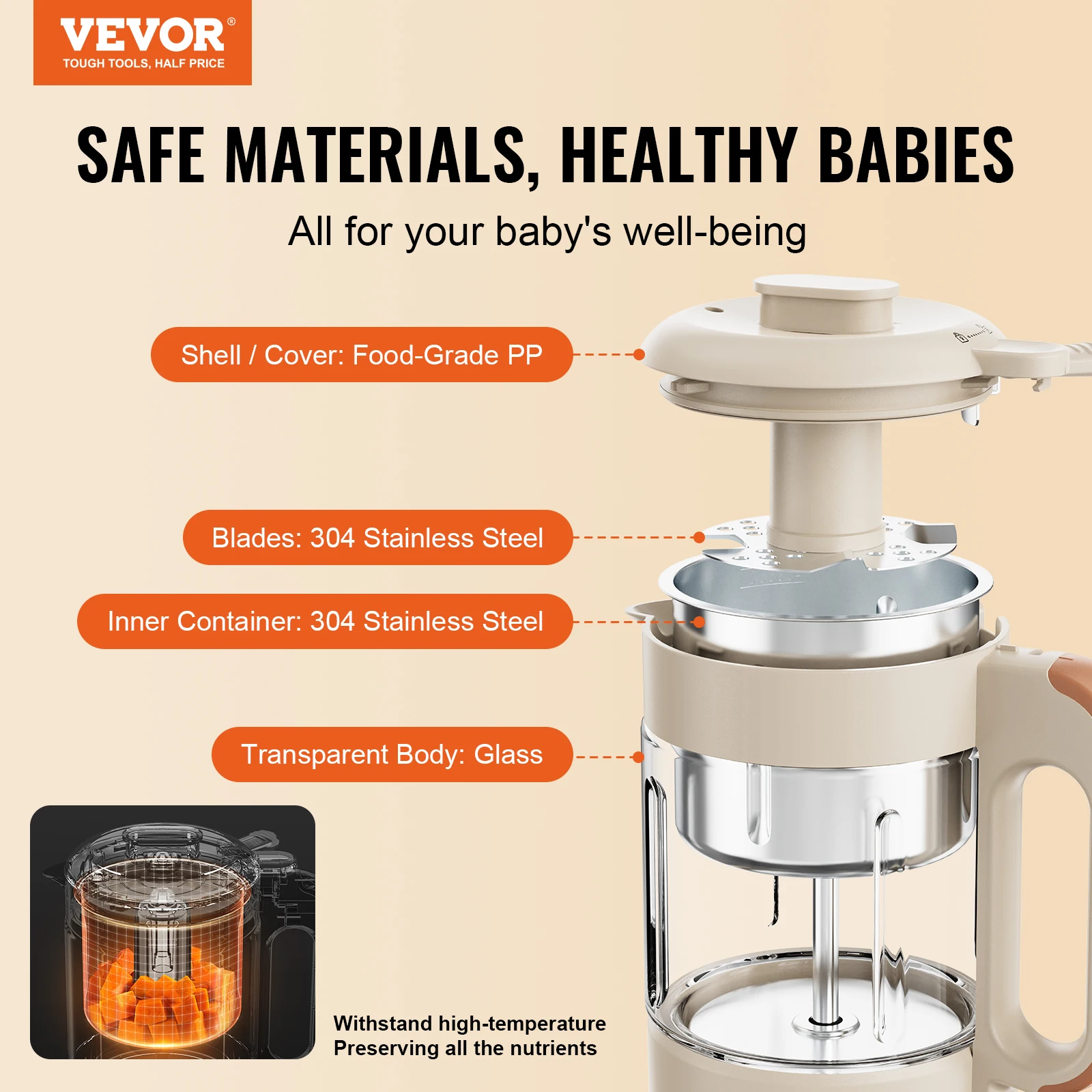 VEVOR Baby Food Maker 500W Baby Food Processor with 300 ml Glass Bowl SUS304 Stainless Steel 4-Blade Baby Food Steamer Grinder 2