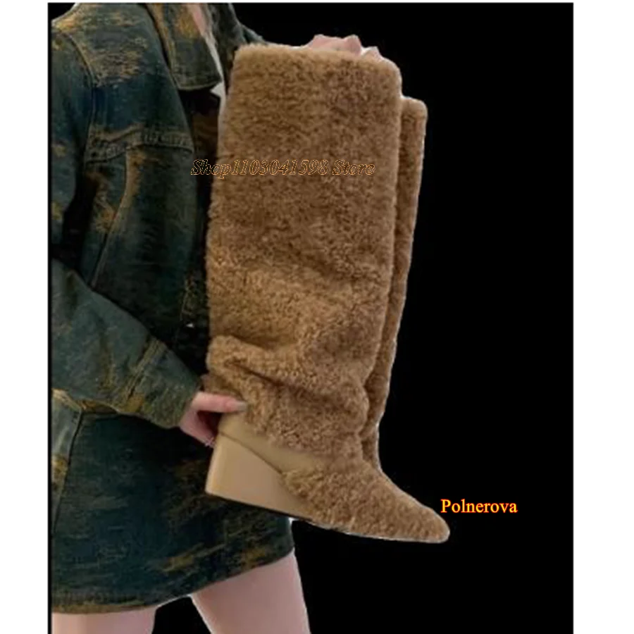 

Winter Lamb Plush Snow Boots,Pointed Toe Wedge Heel Warm Knee High Boots Women Shoes Wedding Party 2023 New Zapatos Para Mujere