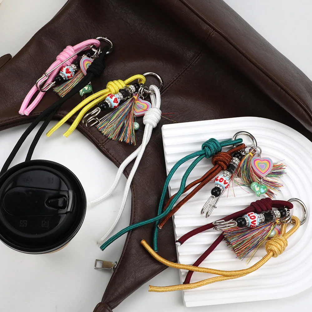2024 New Woven Rope Keychain Bag Decoration Hanging Keychain Korean Style Acrylic Bead Heart Tassel Phone Case Bag Charms Y2k