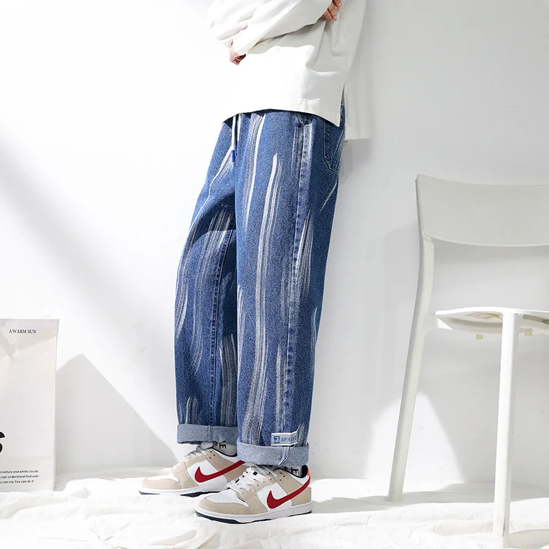 

2024 Men Clothing Popular Jeans Straight Wide Men's Denim Pants Oversized Elastic Waist Man Trousers Black Blue Plus Size M-8XL