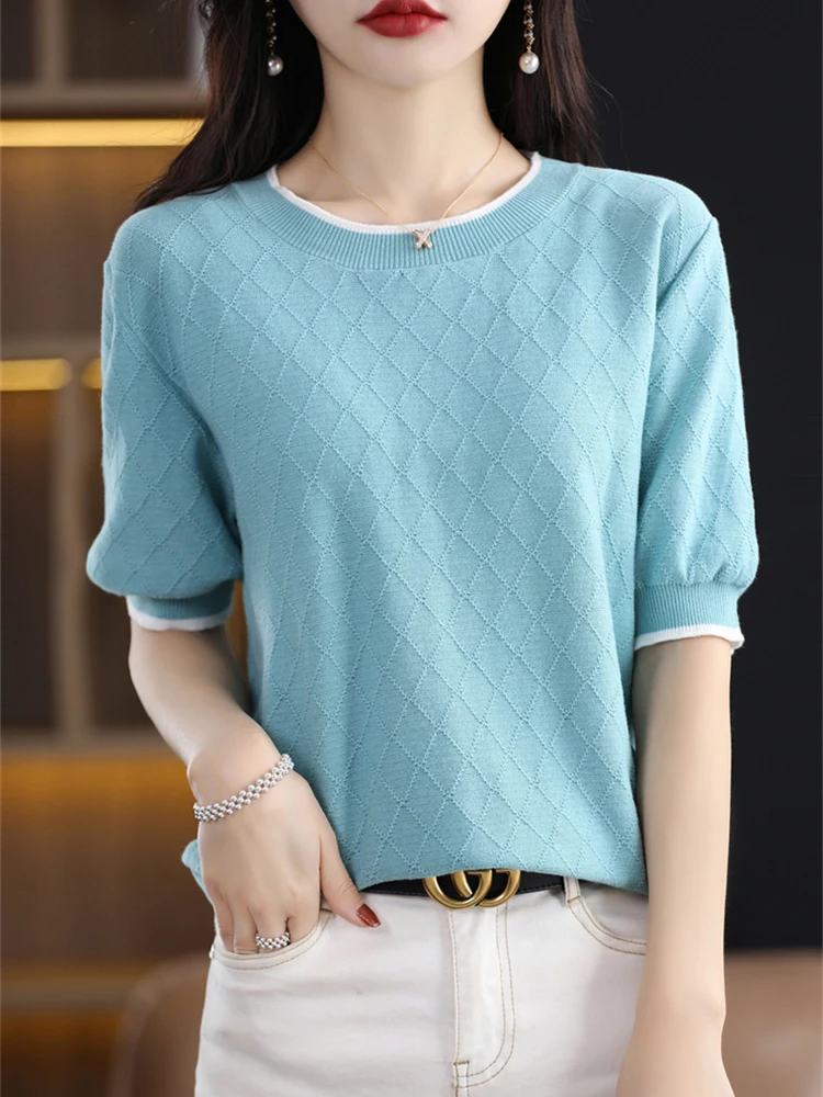 

Loose Casual Women Tshirt Plaid T Shirt 2023 Summer Womens Clothing Camisetas Ladies Top Knitted Short Sleeve Tee Shirt Femme