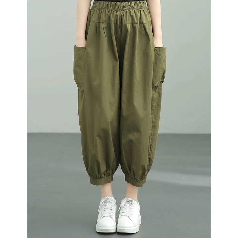 Women Y2K Casual Streetwear Cotton Baggy Harem Pants Summer Vintage Breathable Elastic Waist Loose Cropped Trousers Pantalones