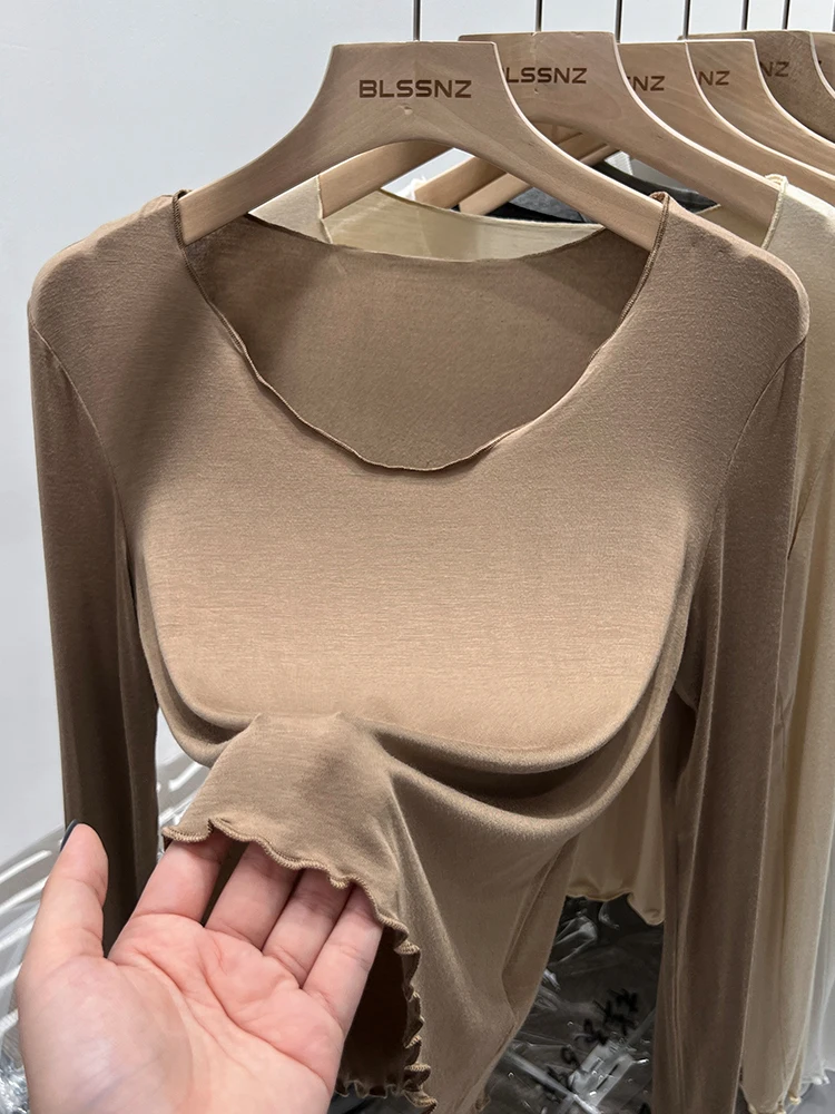 

Simply Style Casual Solid Color O-neck Long Sleeve Shirt Women Fashion Spring Slim Female Tee Shirts Female Bottoming Tops