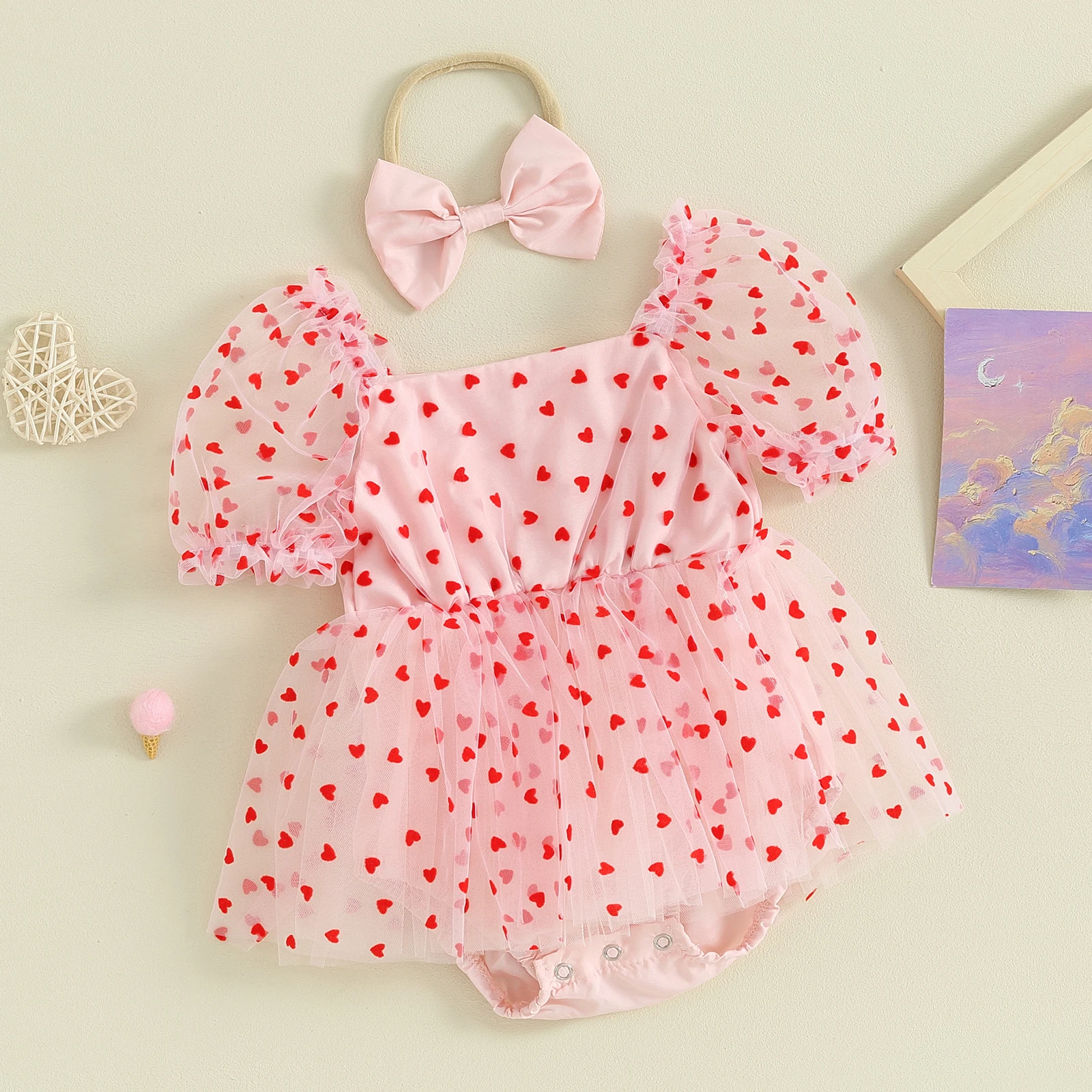 Baby Girl Heart Romper Dress & Headband 4