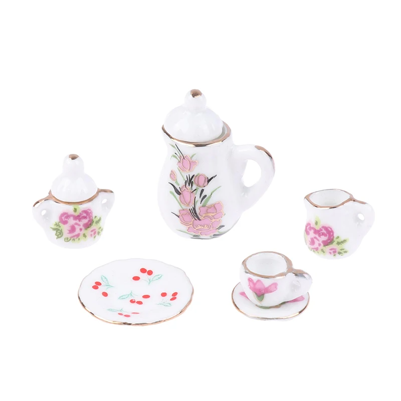 1 Satz antike Puppenhaus Miniatur Keramik Tee Set Tasse Kessel Tablett Blume Geschirr Küche Dekor Spielzeug Puppenhaus Zubehör – Detail 13