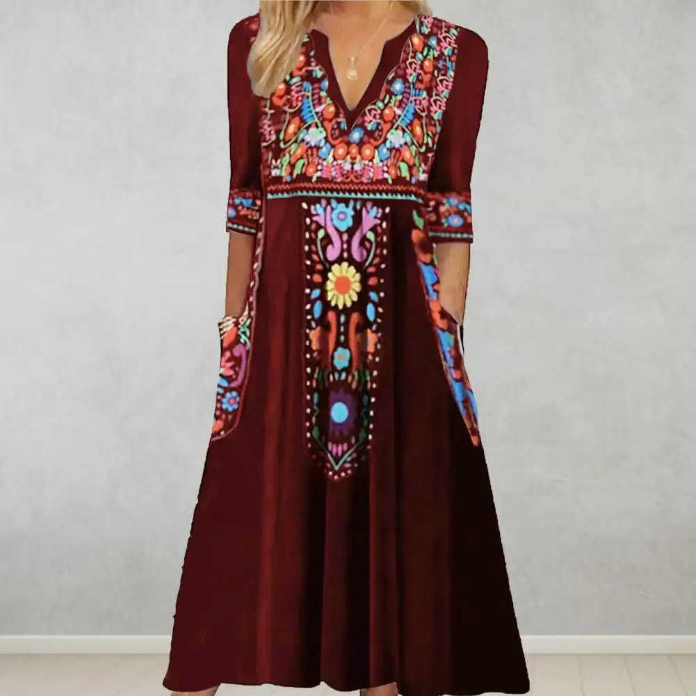 

Women Spring Summer Dress V Neck Three Quarter Sleeves Retro Dress Ethnic Style Print Bohemian A-line Midi Dress