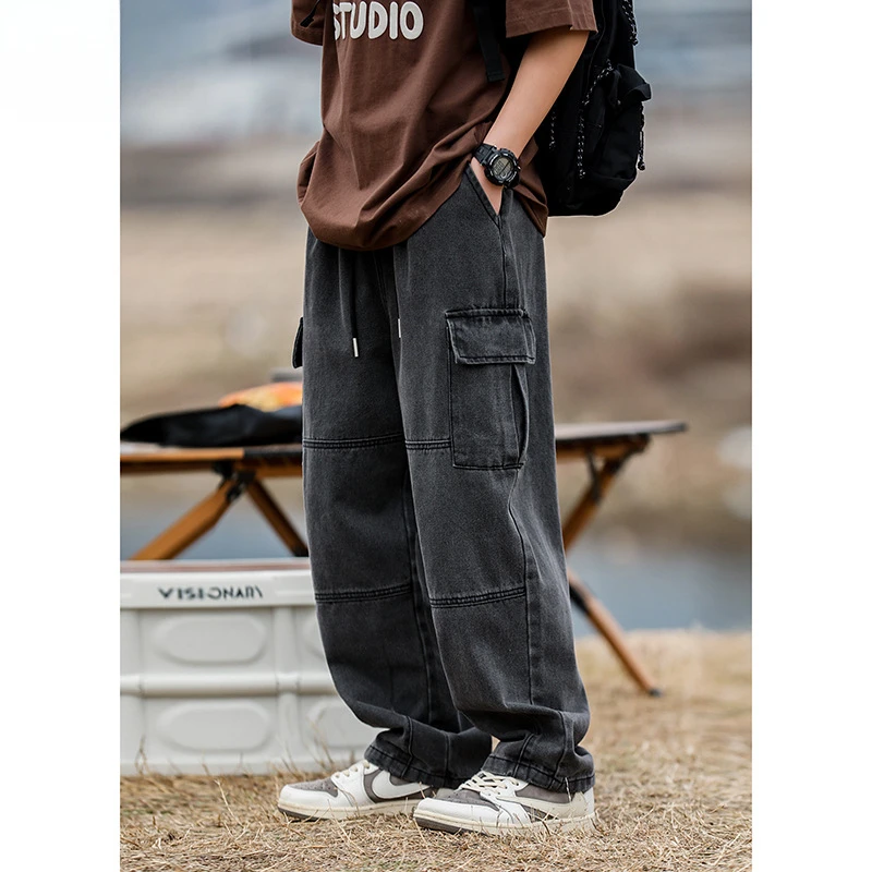 Double three-dimensional pocket jeans retro washed and patchwork straight leg loose pants joggers