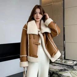 Autumn 2023 Winter New Fur One Women's Fur Short Leather Overcoat Korean Loose Composite Thicke Warm Lambswool Coat Outerwear
