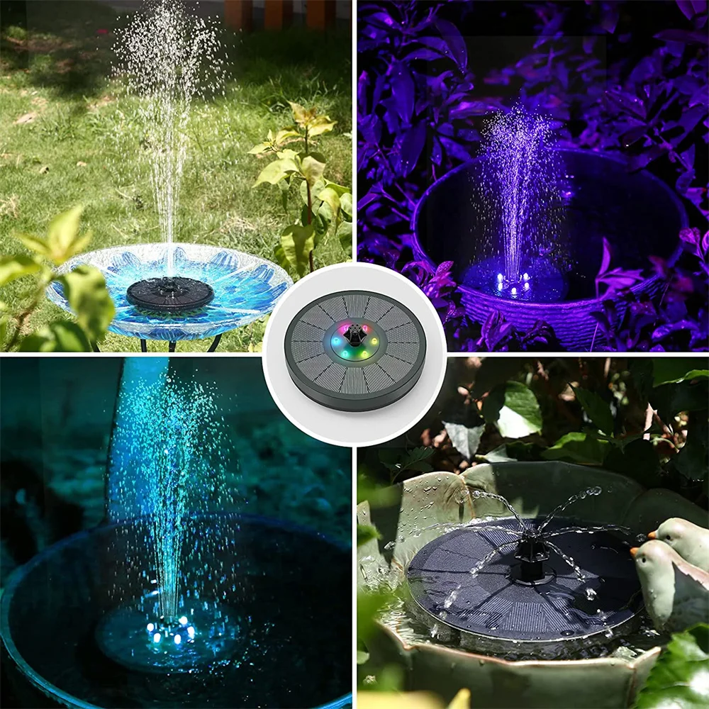 Fontaine solaire avec lumière LED - Fontaine flottante pour piscine avec  lumières multicolores - 6 buses amovibles - Pulvérisations solaires de jour