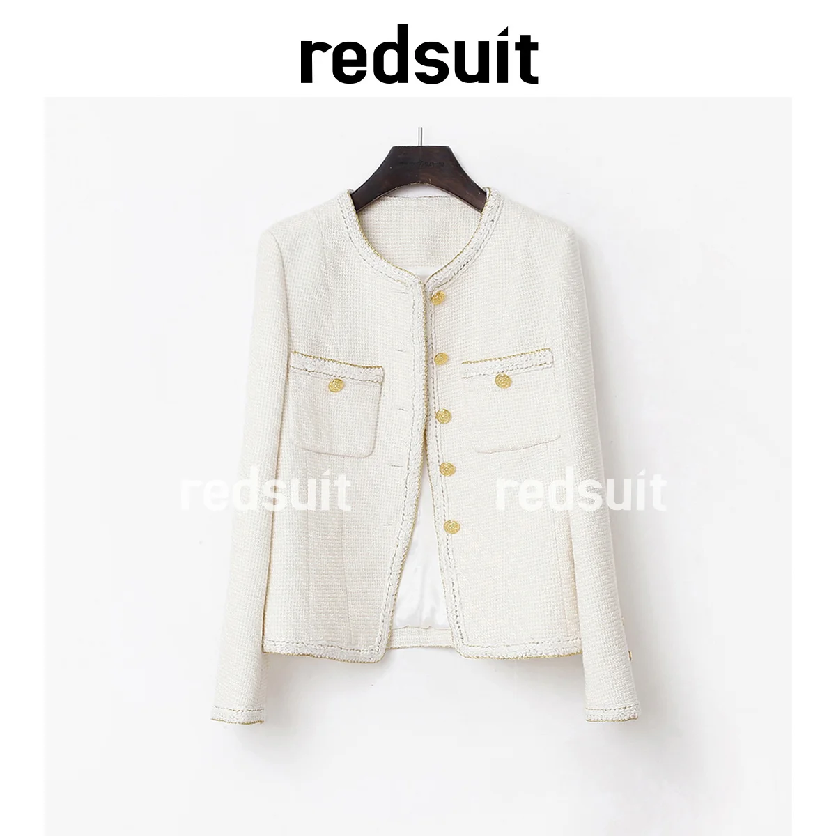 

Celebrity Slim and High End Off White Small Fragrant Coat with Thick Tweed Round Neck Versatile Long Sleeve Short Top