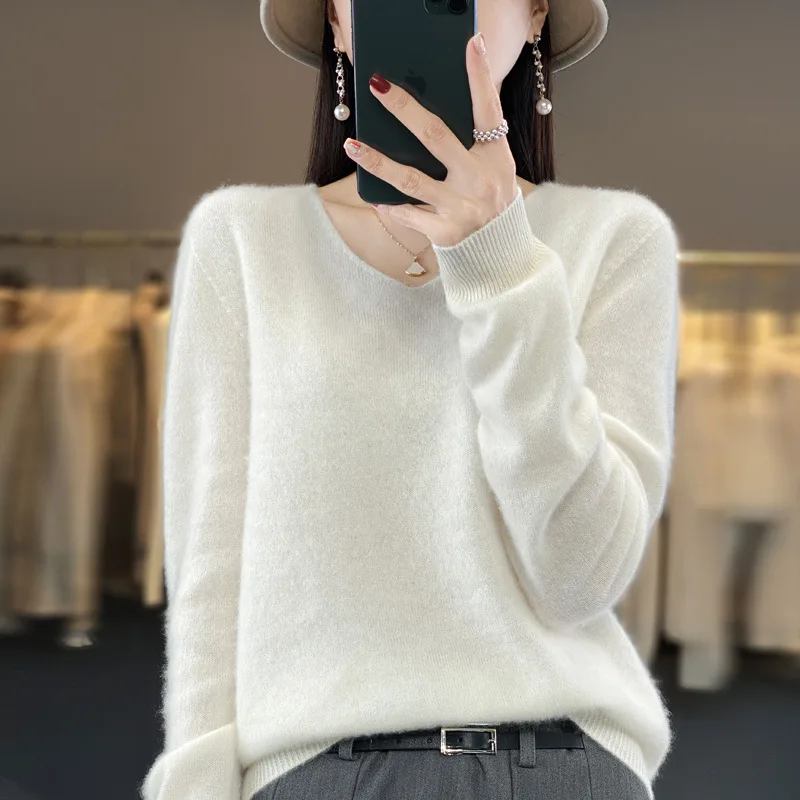 

Women's Knitted Top V-collar Solid Color Contrast Sweater Loose Long Sleeve Wool Elegance Pullovers for Autumn/Winter Y21