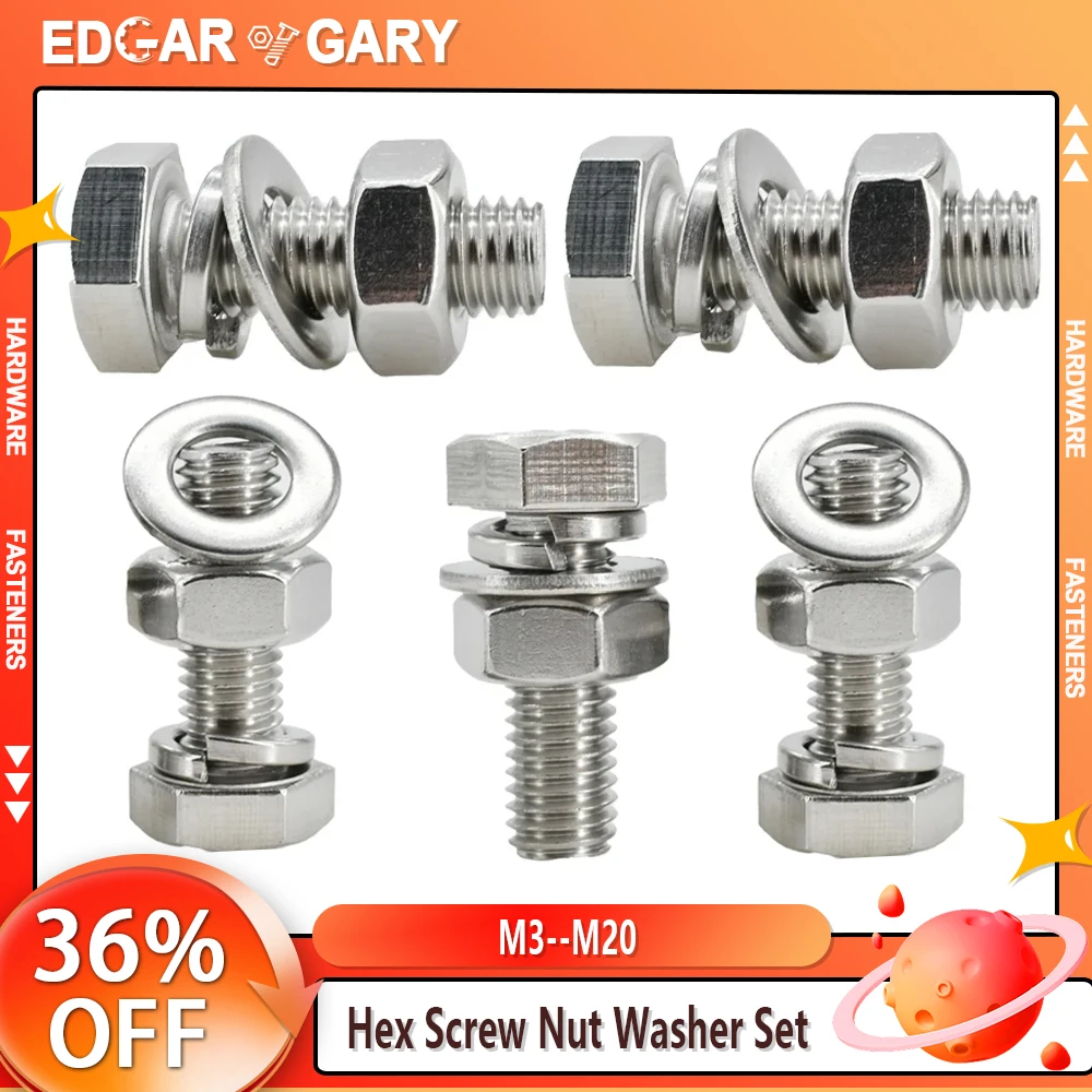 Description Picture 2 of item304 Stainless Steel Hexagonal Screw Nut Washer Set External Hex Bolt Nuts Gasket Kit Metalworking M3 M4 M5 M6 M8 M10 M12 M16 M20