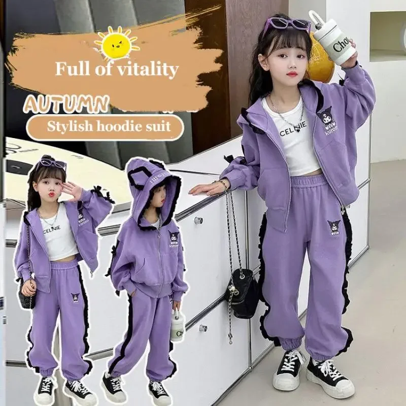 

Повседневный костюм Kawaii с аниме Sanrioed Kuromi для девушек, куртка и брюки из двух частей для студентов, Осень-зима, толстовка с длинным рукавом, модный подарок