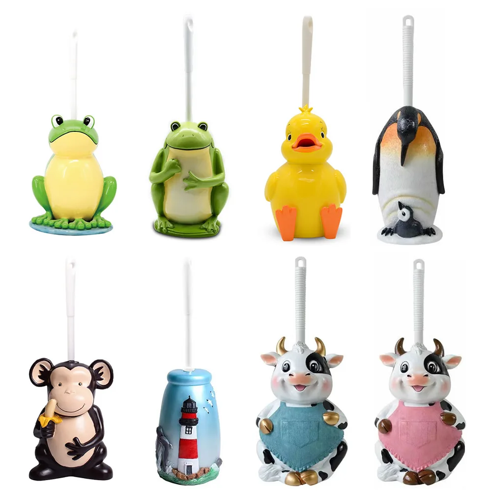 Creative Cartoon Sitting Frog Toilet Brush Holder Set Resin Base Home Hotel Bathroom Cleaning Tool Decoration Statue