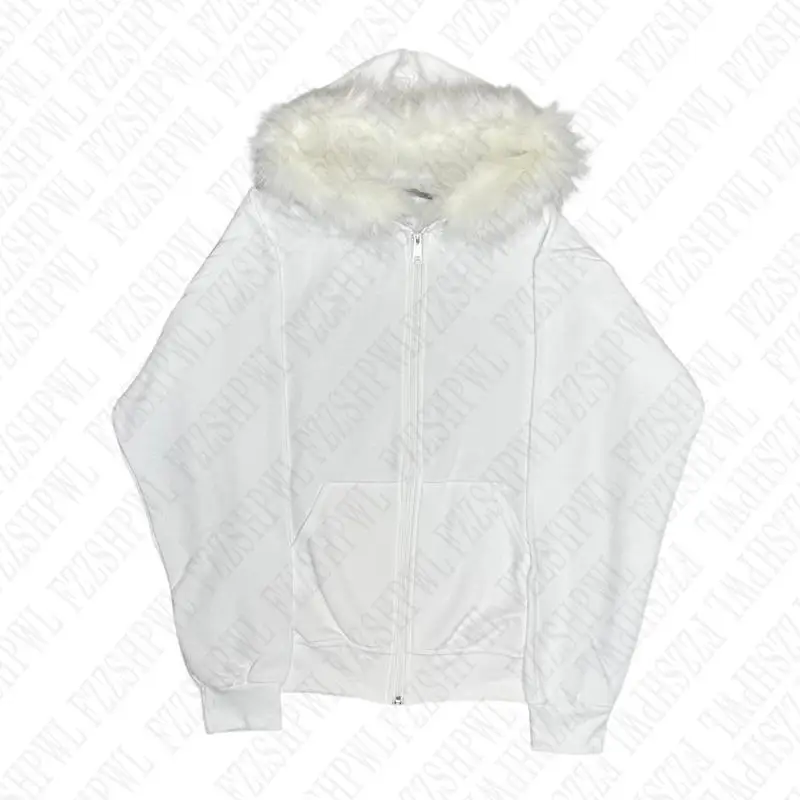 Y2K Zip up hoodie Dark Faux Fur Collar Harajuku Grunge Goth Jacket