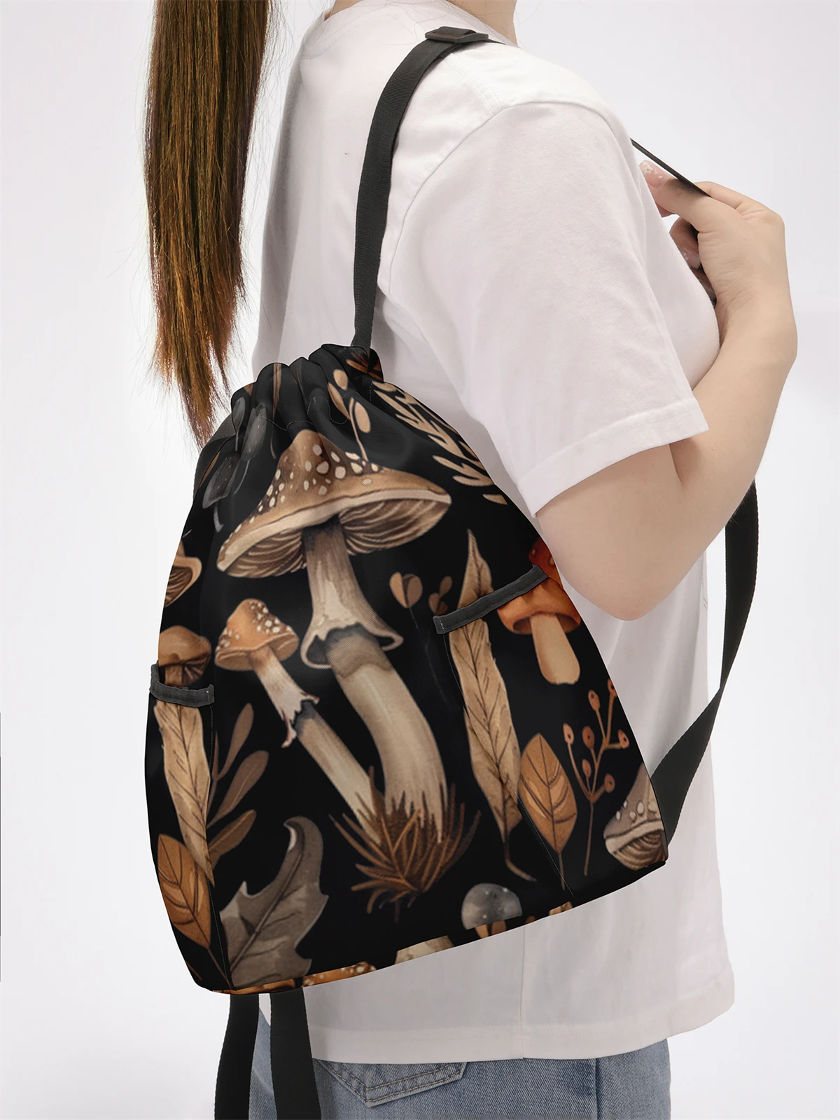 Mushroom Pattern Drawstring Backpack - Large Capacity Durable Fitness Bag, Adjustable Shoulder Strap, Sports Beach Backpack