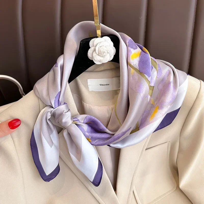 New Purple Luxury Floral Print Silk Square Scarf Women Soft Satin Hairband Hands Bag Ribbons Foulard Neckerchief Headband Hijab 3