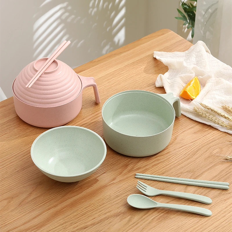 

5Pcs Wheat Straw multifunctional with lid bowl spoon fork chopsticks Eating Dinnerware Set Anti-hot bowl Microwavable Bowl