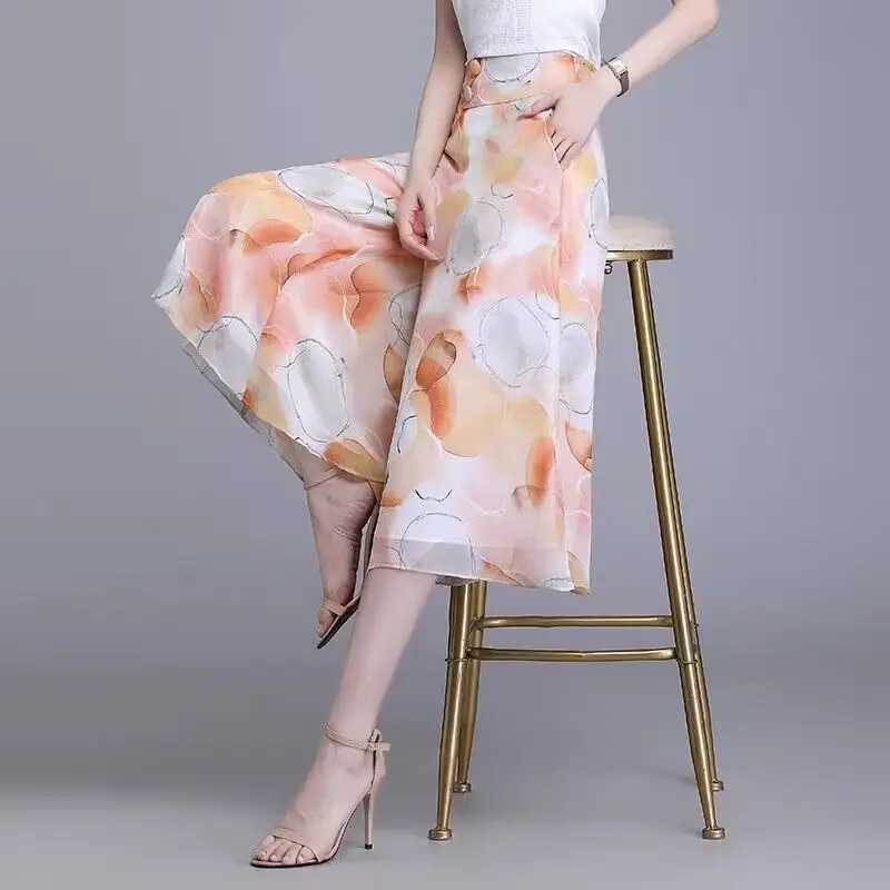 Elegant Printed Elastic High Waist Chiffon Floral Wide Leg Pants Women's Clothing 2024 Summer New Loose Office Lady Capri Pants