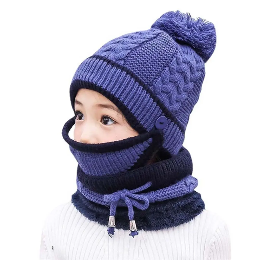 

Woolen Girls Boys Fleece Lining With Scarf Full Face Cover Kids Caps Baby Bonnet Hedging Hat Scarf Set Kids Winter Hats