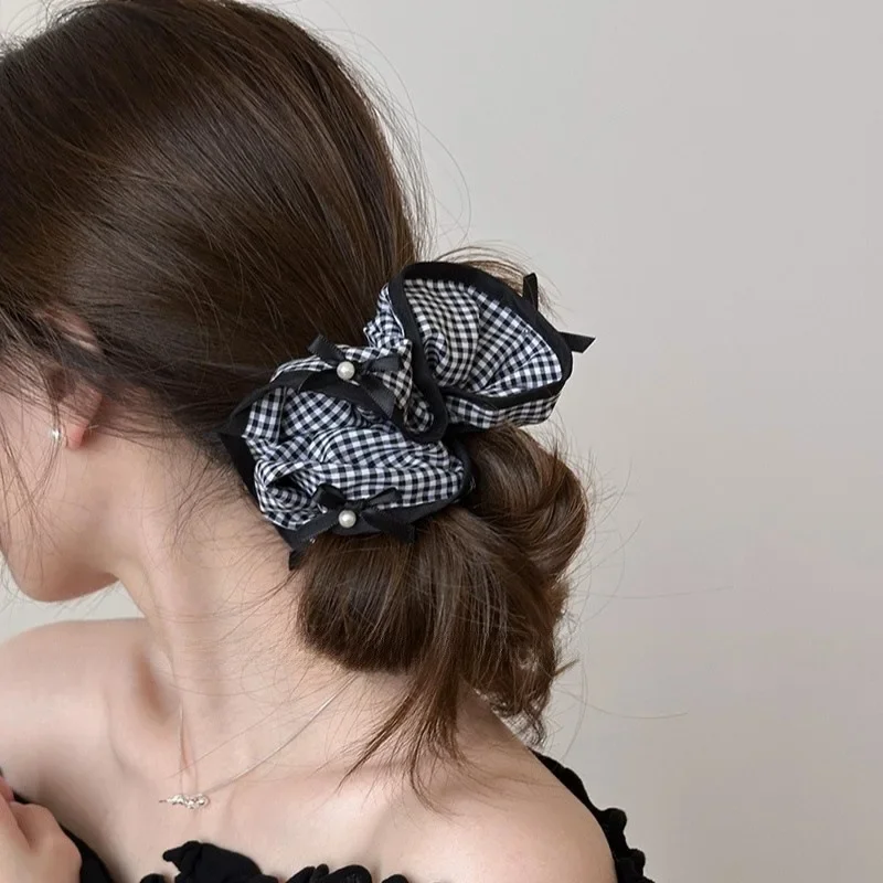 Elegant Black and White Plaid Scrunchie Hair Accessory