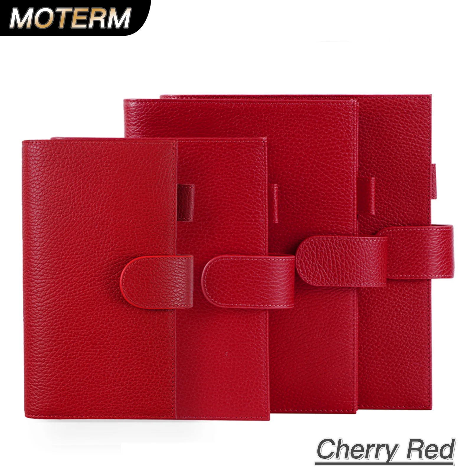 Moterm Firm Pebbled Grain Leather Cherry Red Color Genuine Cowhide Planner Rings Notebook Cover Diary Agenda Organizer Journey
