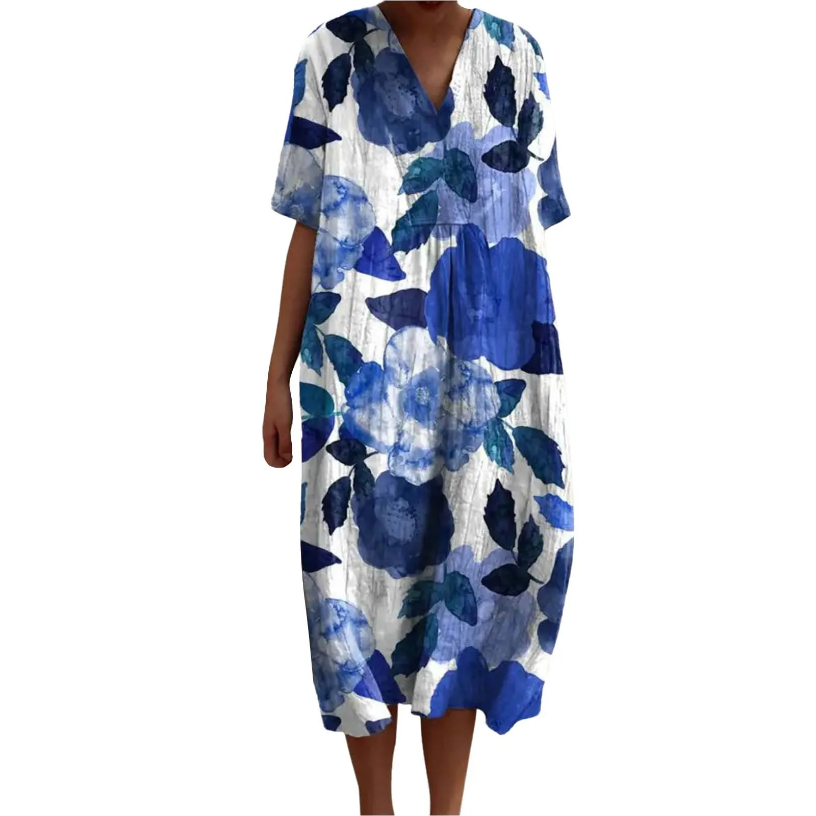 Womens Beach Cotton Linen Floral Printed Dresses With Pockets Casual And Streetwear Dress Long Shirts Plus Size 4xl 5xl