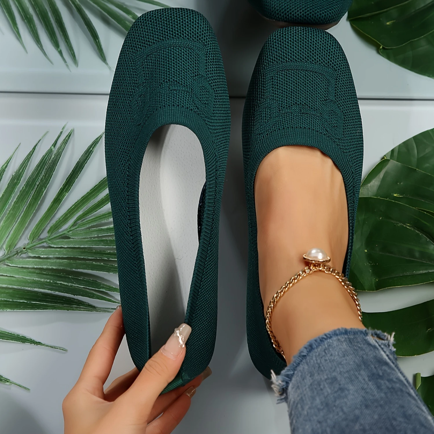 Women's Breathable Knitted Square Toe Ballet Flats with Soft Sole