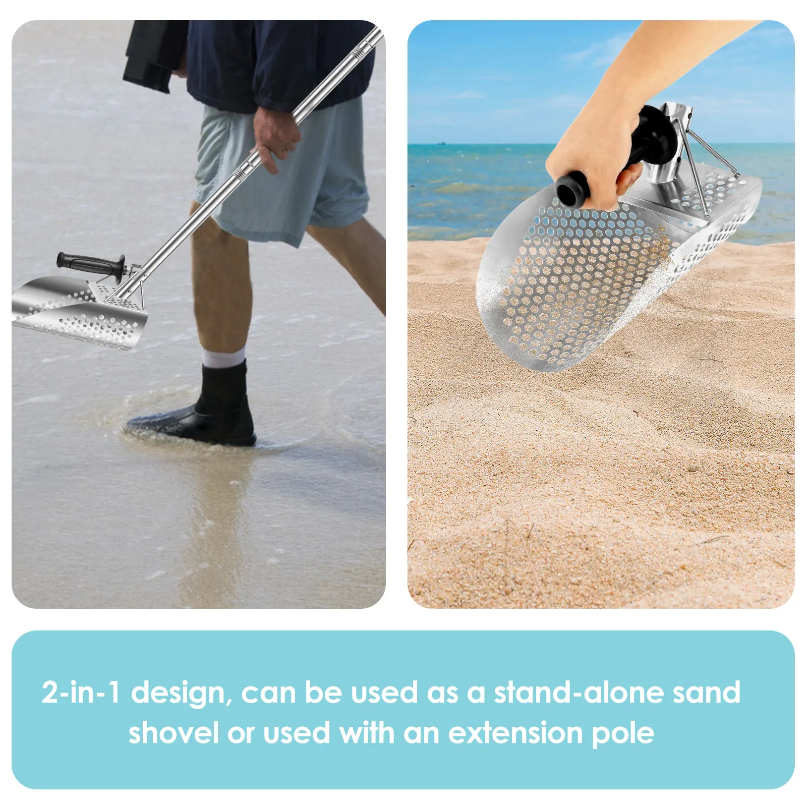 Long Handle Sand Scoop Heavy Duty Stainless Steel Metal Detecting Sand Scoop with Long Handle for Underwater Treasure Hunting 4