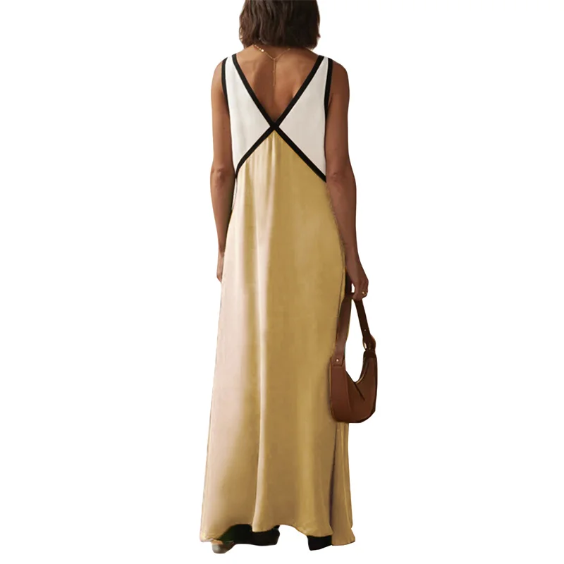 Vestido elegante de verano para mujer, con cuello en V, sin mangas, con patchwork de colores contrastantes, largo y sexy para fiesta de noche.