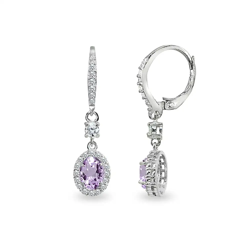 

Amethyst & CZ 7x5mm Oval Halo Leverback Dangle Earrings in 925 Sterling Silver