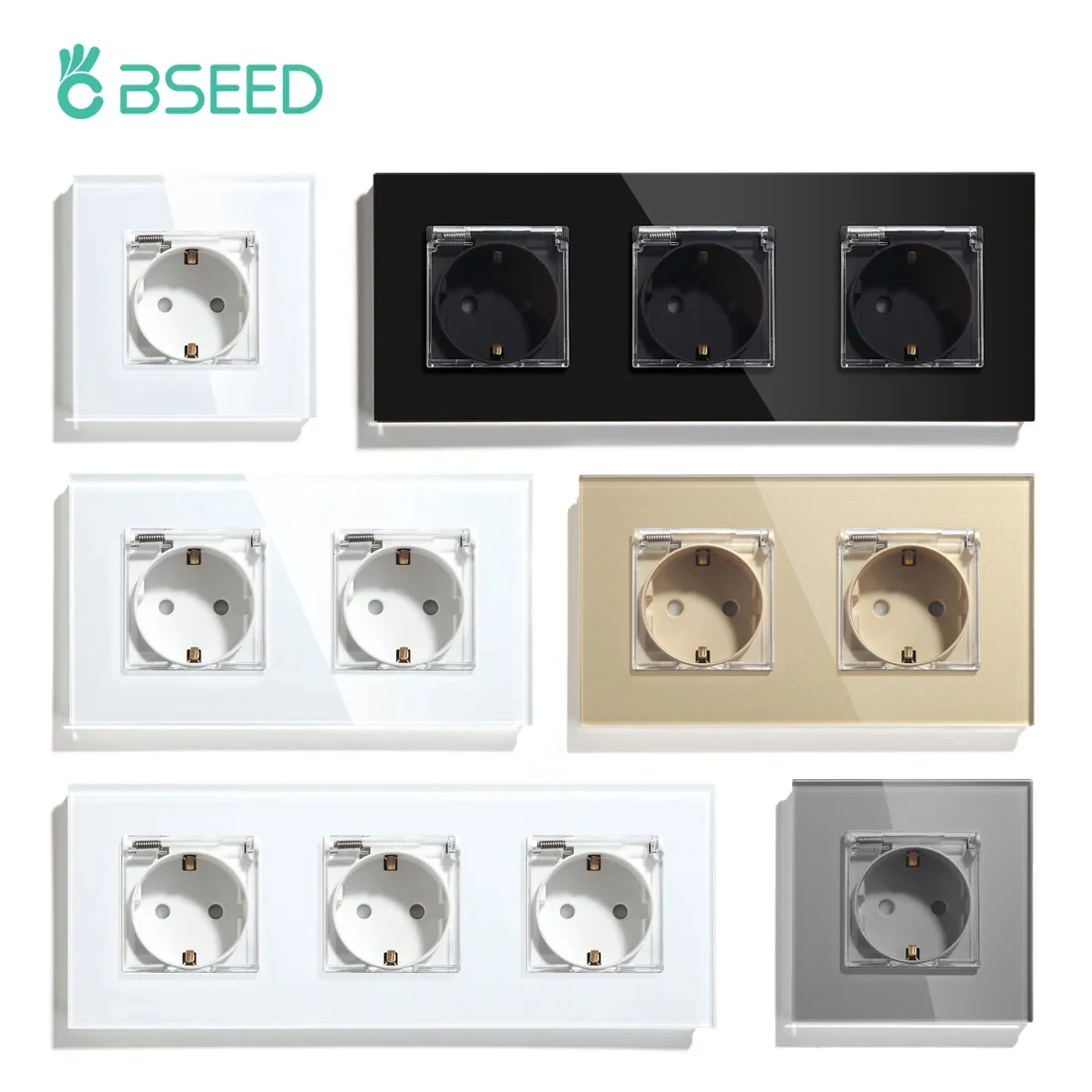 BSEED EU Standard Single Power Sockets With Waterproof Cover Double Wall Outlet Bathroom Triple Plugs 16A Crystal Panel 110-250V