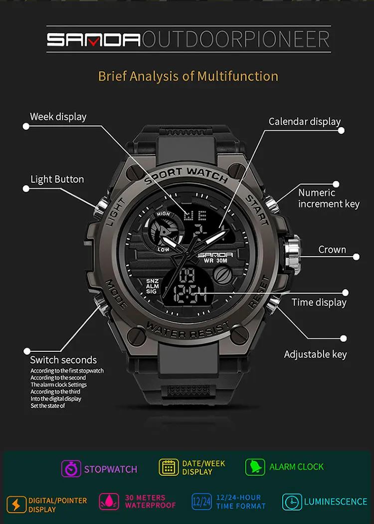 Sanda top luxus uhren männer militär armee herren uhr wasserdichte sport armbanduhr dual display uhr männlich relogio mascumino – Detail 10