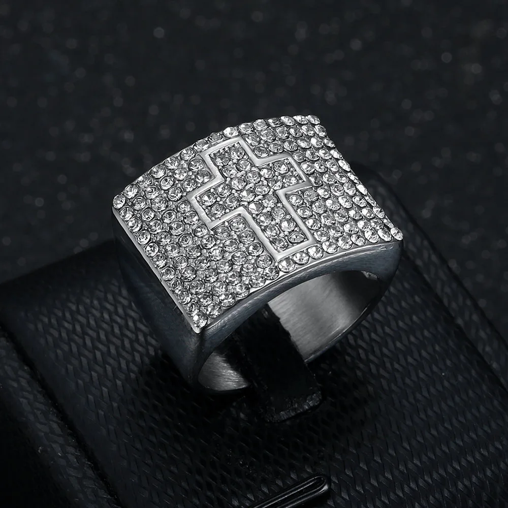 Hip Hop Bling Iced Out Stainless Steel Cross Pattern Finger Rings for Men Rapper Jewelry Gold Silver Color Drop Shipping 6