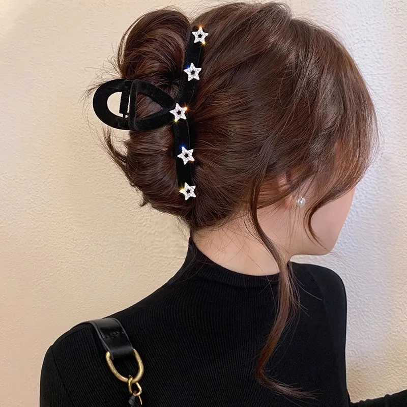 

Black Flocking Hair Clip for Women Rhinestone Star Hair Claw Clips Large Velvet Hairpin Korean Autumn Winter Hair Accessories