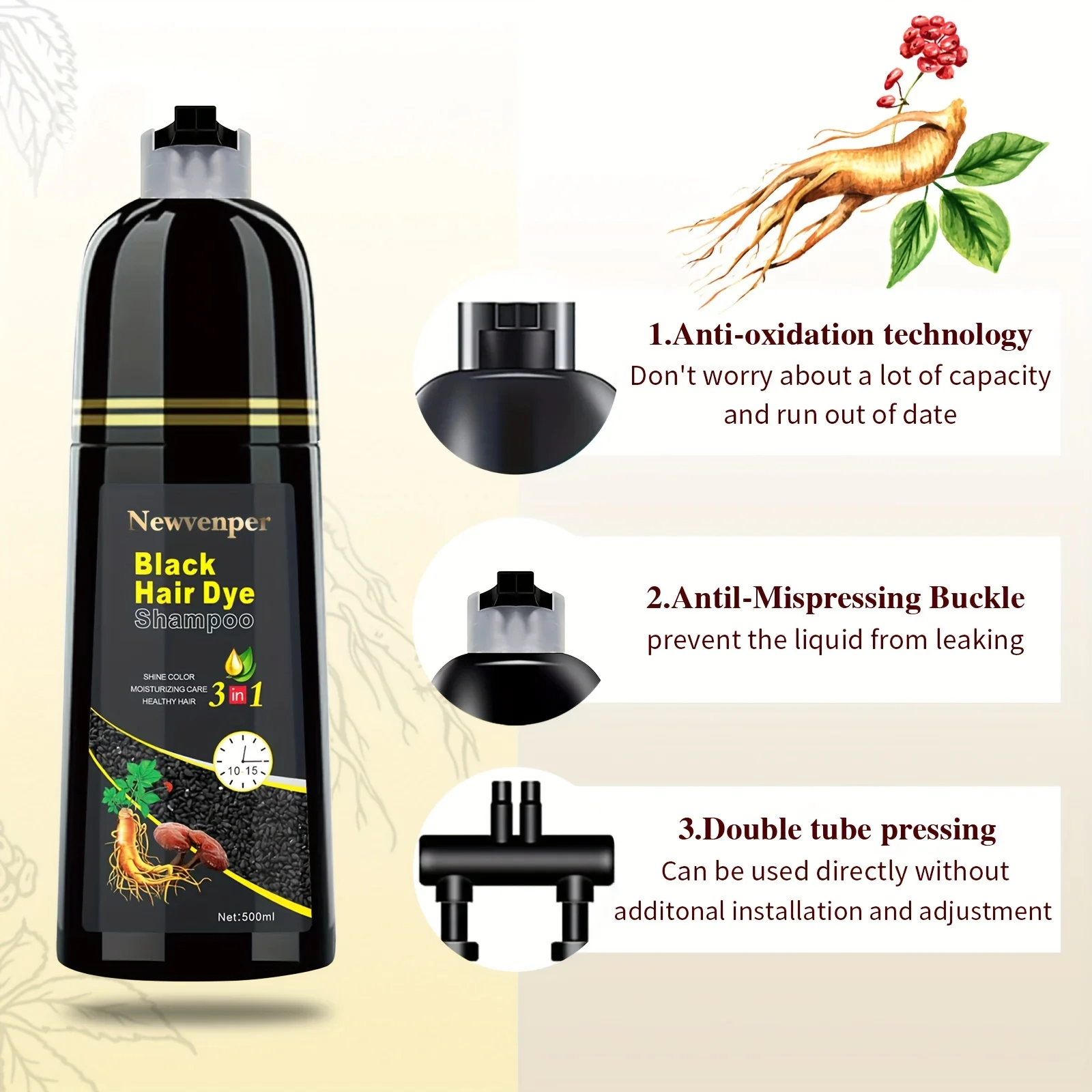 500ML/14.9 Fl.oz Black Hair Dye shampoo Coloring in Minutes Natural & Long Lasting Hair Dye Shampoo Men & Women turn Black hair dye shampoo