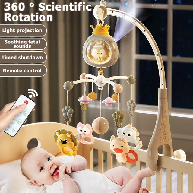 ​ Meuble de berceau pour bébé avec projecteur et veilleuse, jouet rotatif musical télécommandé avec berceuses apaisantes pour nouveau-nés 1