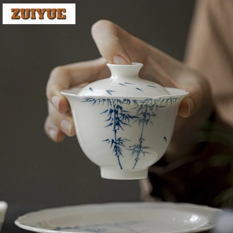 120ml Jade Mud Flower Mouth Gaiwan Hand-painted Bamboo Cover Bowl Boutique High-feet Tea Tureen Tea Maker Chinese Set Gift