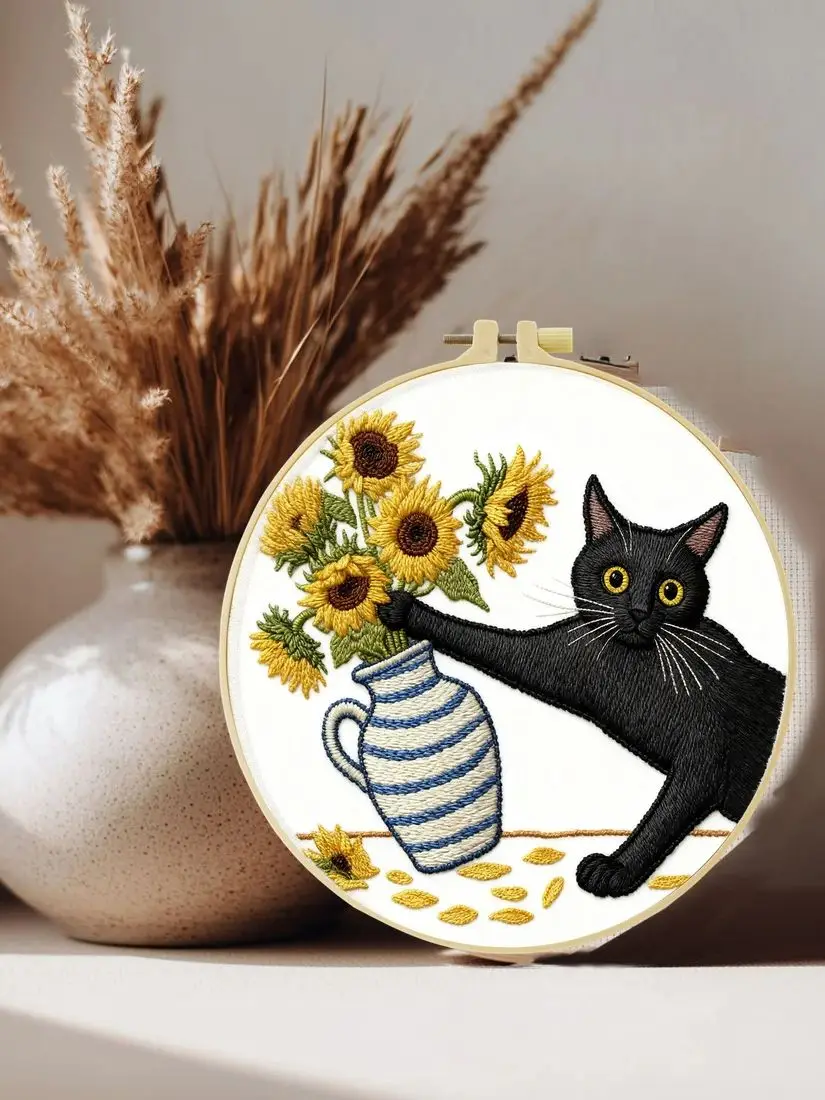 1 Stück 20X20CM/15X54CM Freche Schwarze Katze Stickerei-Starter-Set DIY Kreuzstich-Nähkunst als Geschenk – Detail 1