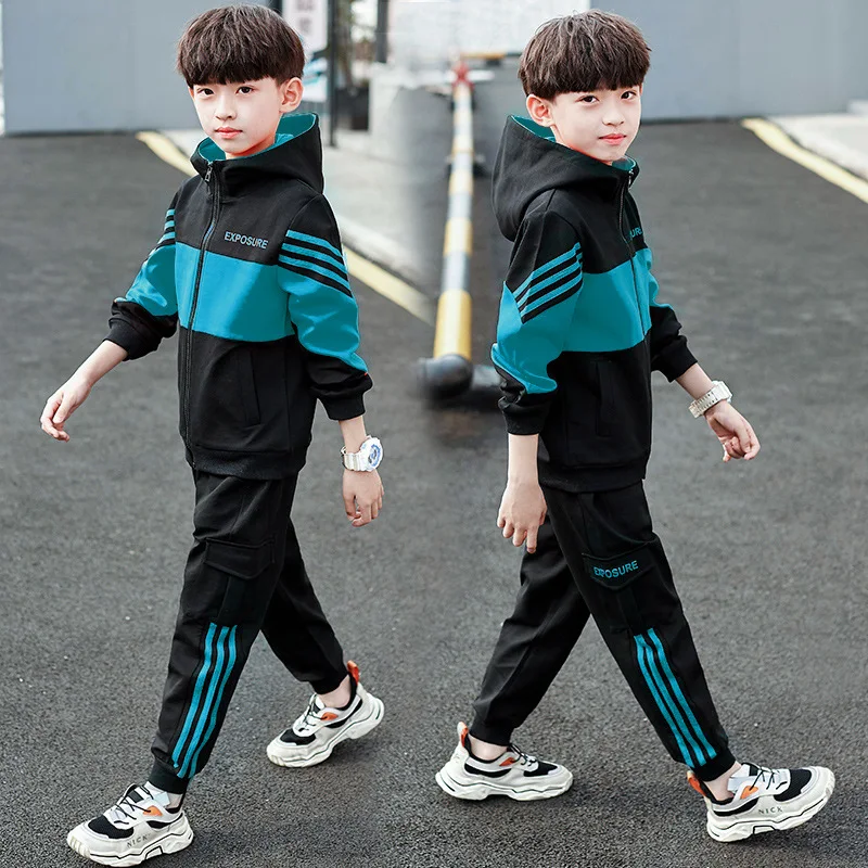 autumn Child Tracksuit Hooded Clothes Boys Sport Suit Teen Kids Cotton zipper Hoodies jacket + striped Pants 5 8 10 12 year