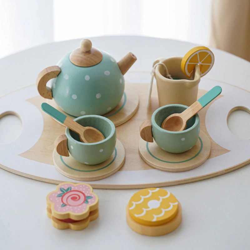 Wooden Afternoon Tea Set Toy Kitchen Accessories Tea Party Food Play Early Educational Toys for Toddlers Girls Boys Kids Gifts 2