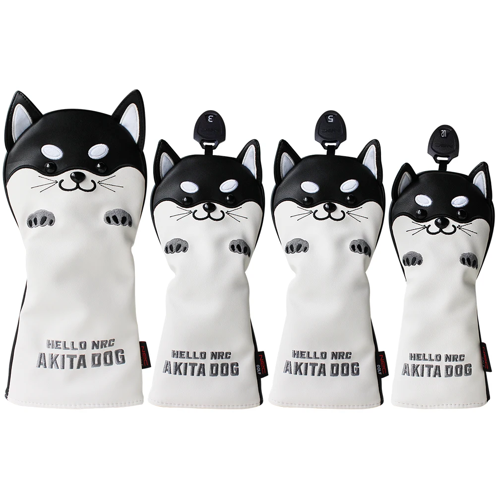 Golf Wood Head Cover for Driver Fairway Hybrid Cute Akita Golf Putter Cover PU Leather Waterproof Protector Golf Club Cover 4