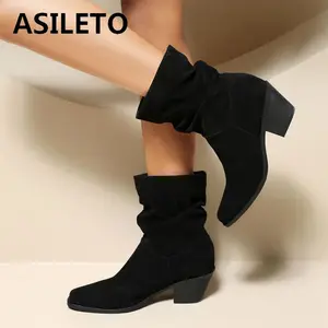 ASILETO Women Ankle Boots Flock Square Toe Chunky Heels 6cm Slip On Pleated Casual Daily Shoes Big Size 41 42 43 Female Bota