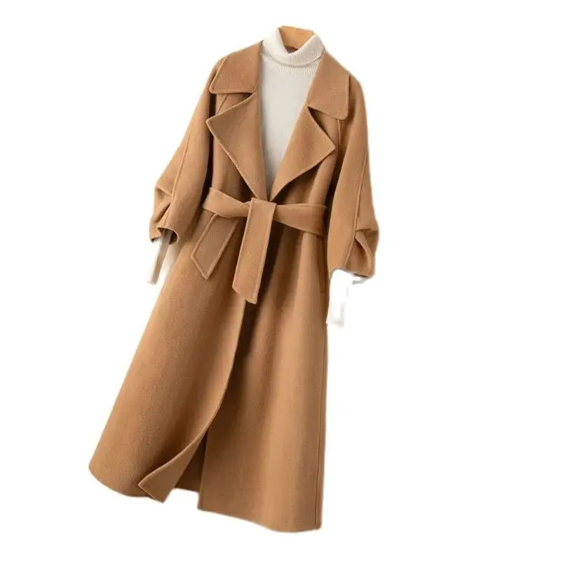 

Women Woolen Coat With Belt Elegant Wool Jacket Double-Sided Cashmere Open Stitch Long Windbreaker Female Cardigan Outerwear