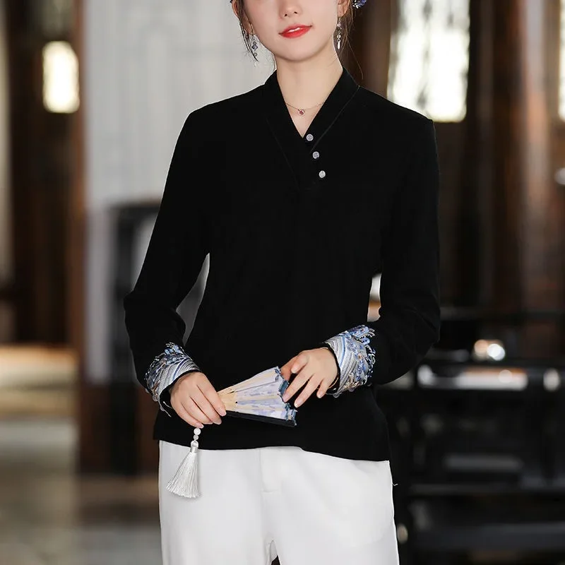 

Топы в китайском стиле для женщин, новинка весны, этническая блузка в стиле Харадзюку с вышивкой, Повседневная винтажная Женская одежда в китайском стиле, женская одежда Hanfu 12972