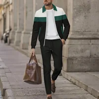 Ensemble sportif tricoté à carreaux et color-block pour homme, veste zippée et pantalon à lacets, un ensemble streetwear décontracté pour le quotidien. 1