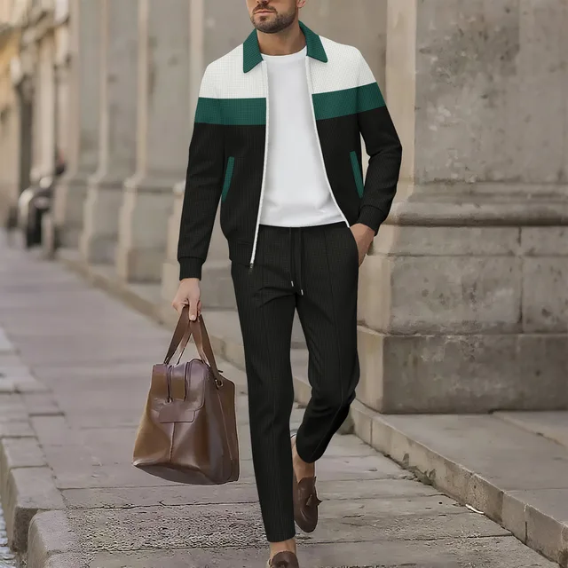Ensemble sportif tricoté à carreaux et color-block pour homme, veste zippée et pantalon à lacets, un ensemble streetwear décontracté pour le quotidien. 1