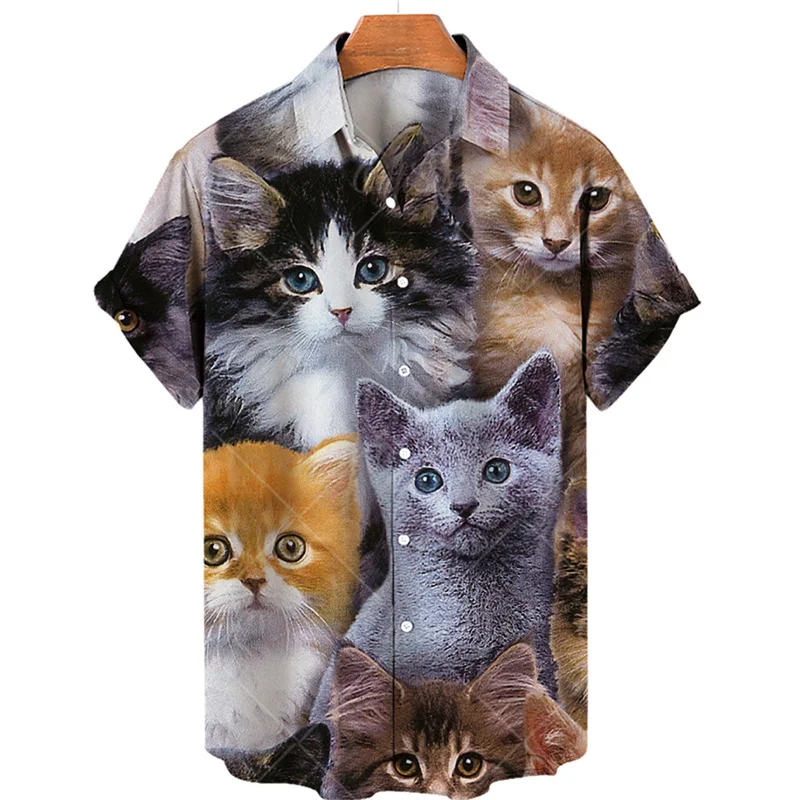 

Гавайская рубашка с 3d-рисунком кота для мужчин, летняя повседневная футболка с коротким рукавом и пуговицами, мужские рубашки