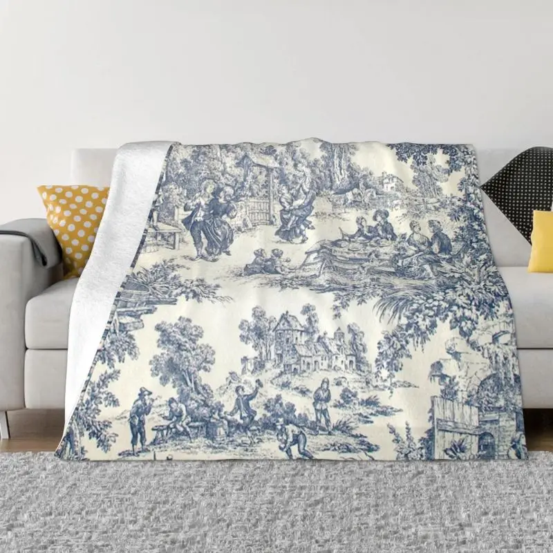 Toile De Jouy Number 2 UltraSoft Fleece Throw Blanket Flannel French Navy Blue Motif Blankets